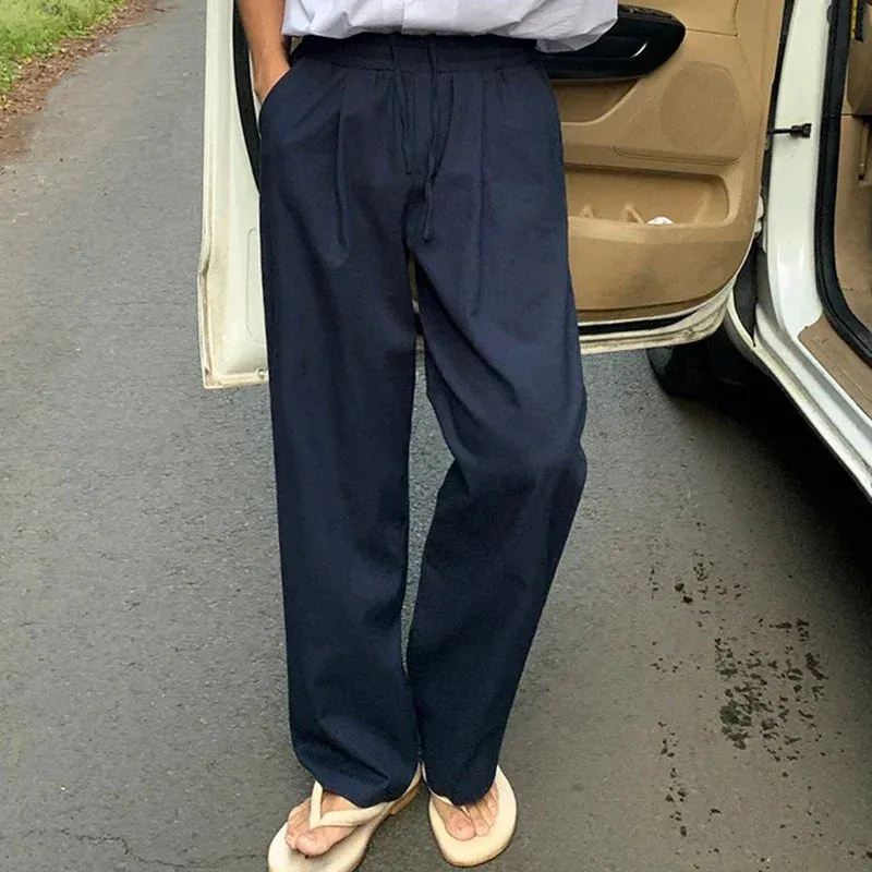 WIAOFELLAS  -  Lazy Style Drapey Casual Pants Men Summer Loose Linen Long Pants Korean Style Trendy Straight-leg Floor Mopping Aesthetic Urban