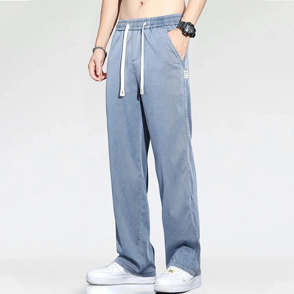 Wiaofellas  -   Summer Thin Soft  Fabric Jeans Men Loose Straight Wide Leg Pants Drawstring Elastic Waist Casual Trousers for Men