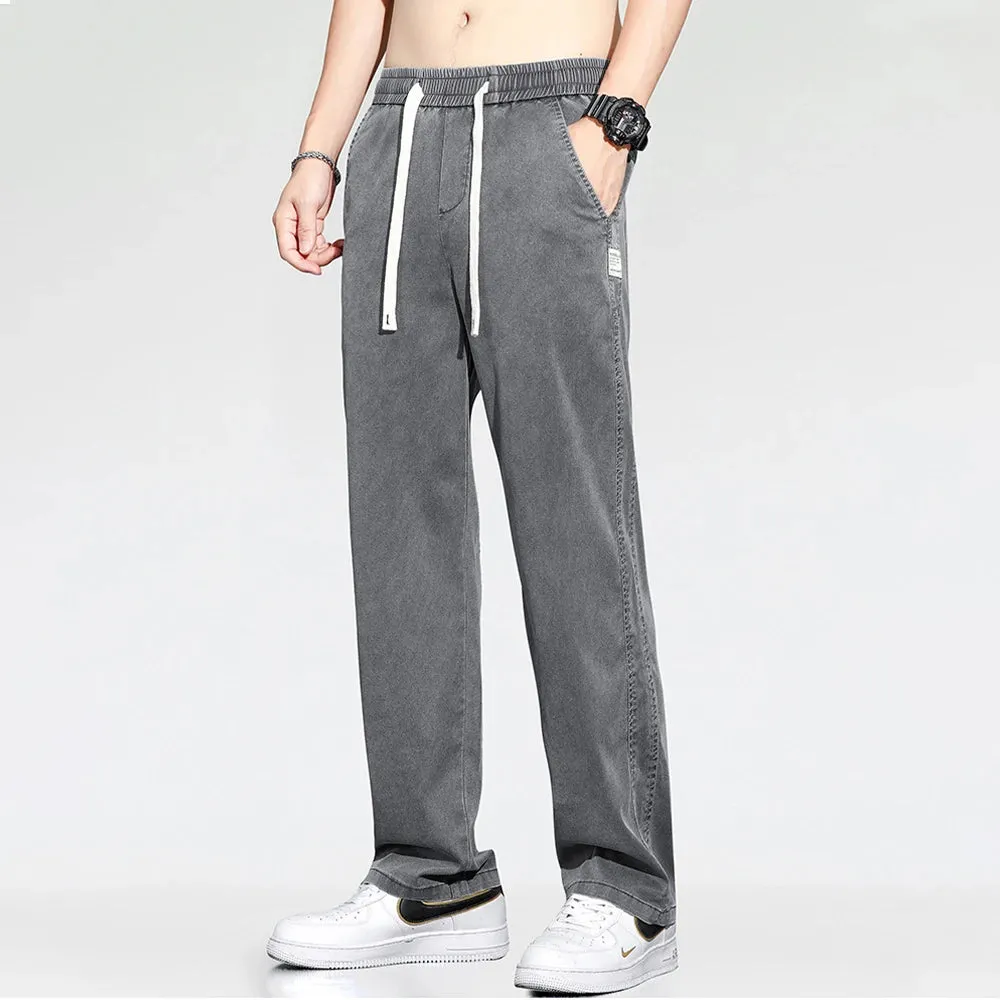 Wiaofellas  -   Summer Thin Soft  Fabric Jeans Men Loose Straight Wide Leg Pants Drawstring Elastic Waist Casual Trousers for Men