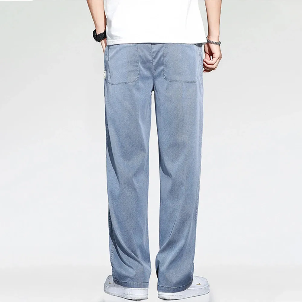 Wiaofellas  -   Summer Thin Soft  Fabric Jeans Men Loose Straight Wide Leg Pants Drawstring Elastic Waist Casual Trousers for Men