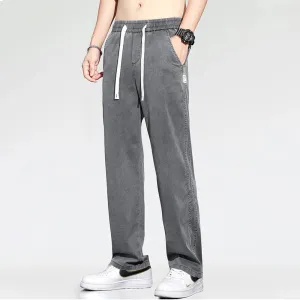 Wiaofellas  -   Summer Thin Soft  Fabric Jeans Men Loose Straight Wide Leg Pants Drawstring Elastic Waist Casual Trousers for Men