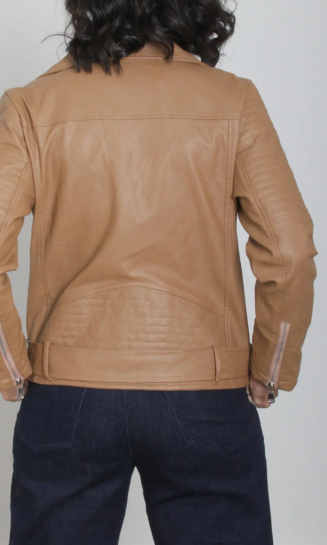 Women leather jacket -Belt on Hem (Café)