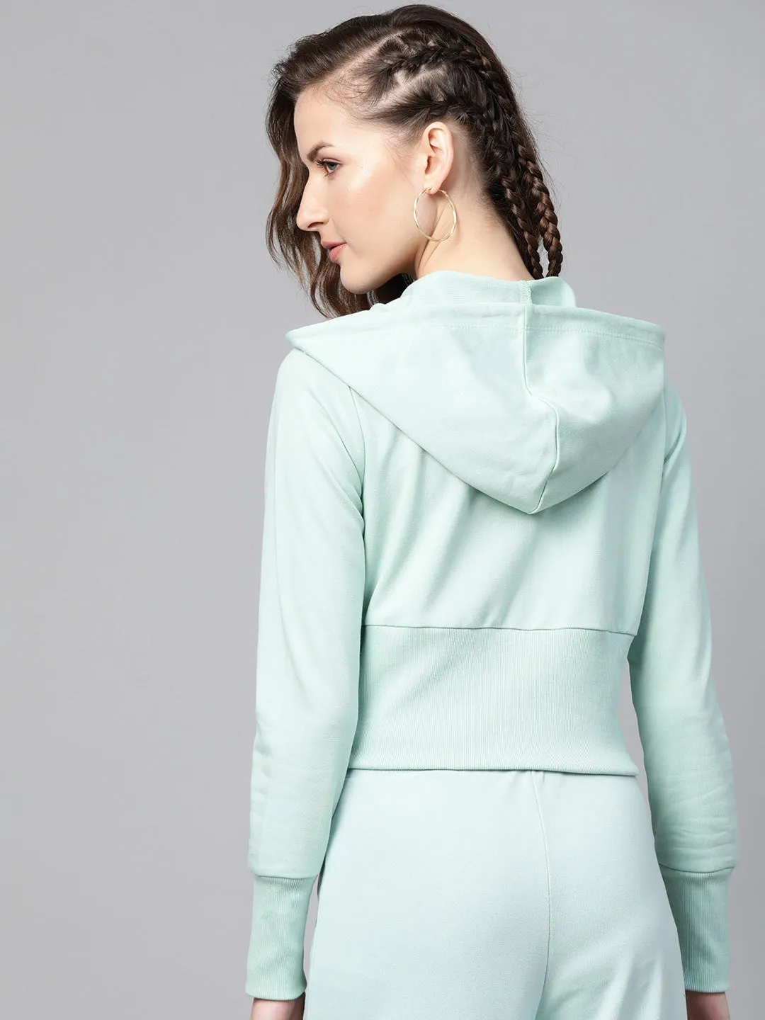 Women Sea Green Terry Hooded Jacket