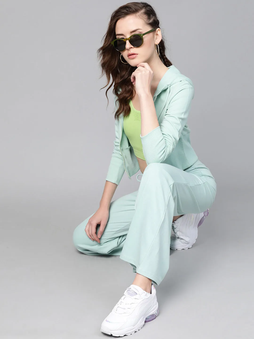 Women Sea Green Terry Hooded Jacket