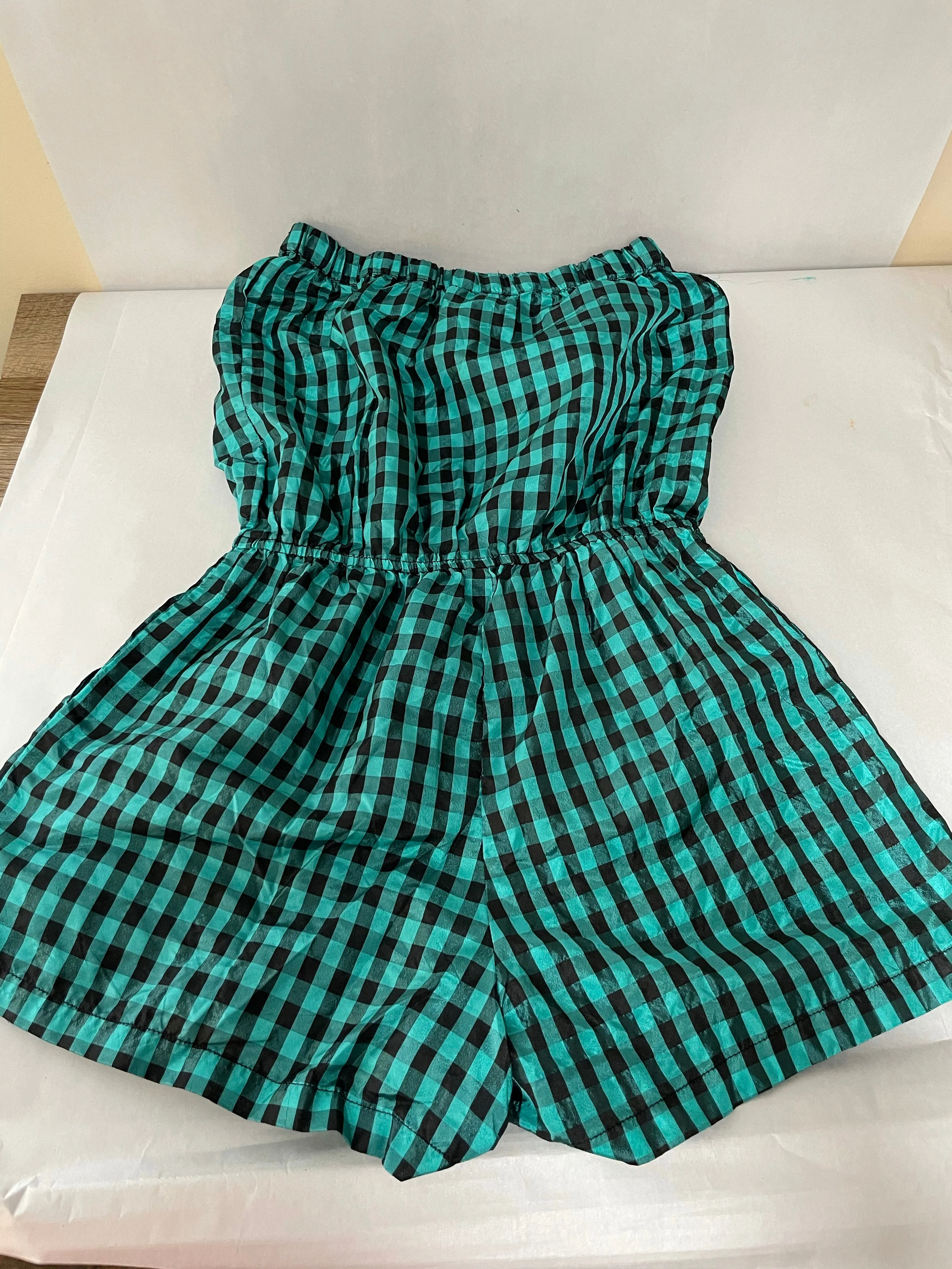 Womens Juniors Small ANGIE Black Green Plaid Strapless Romper One Piece