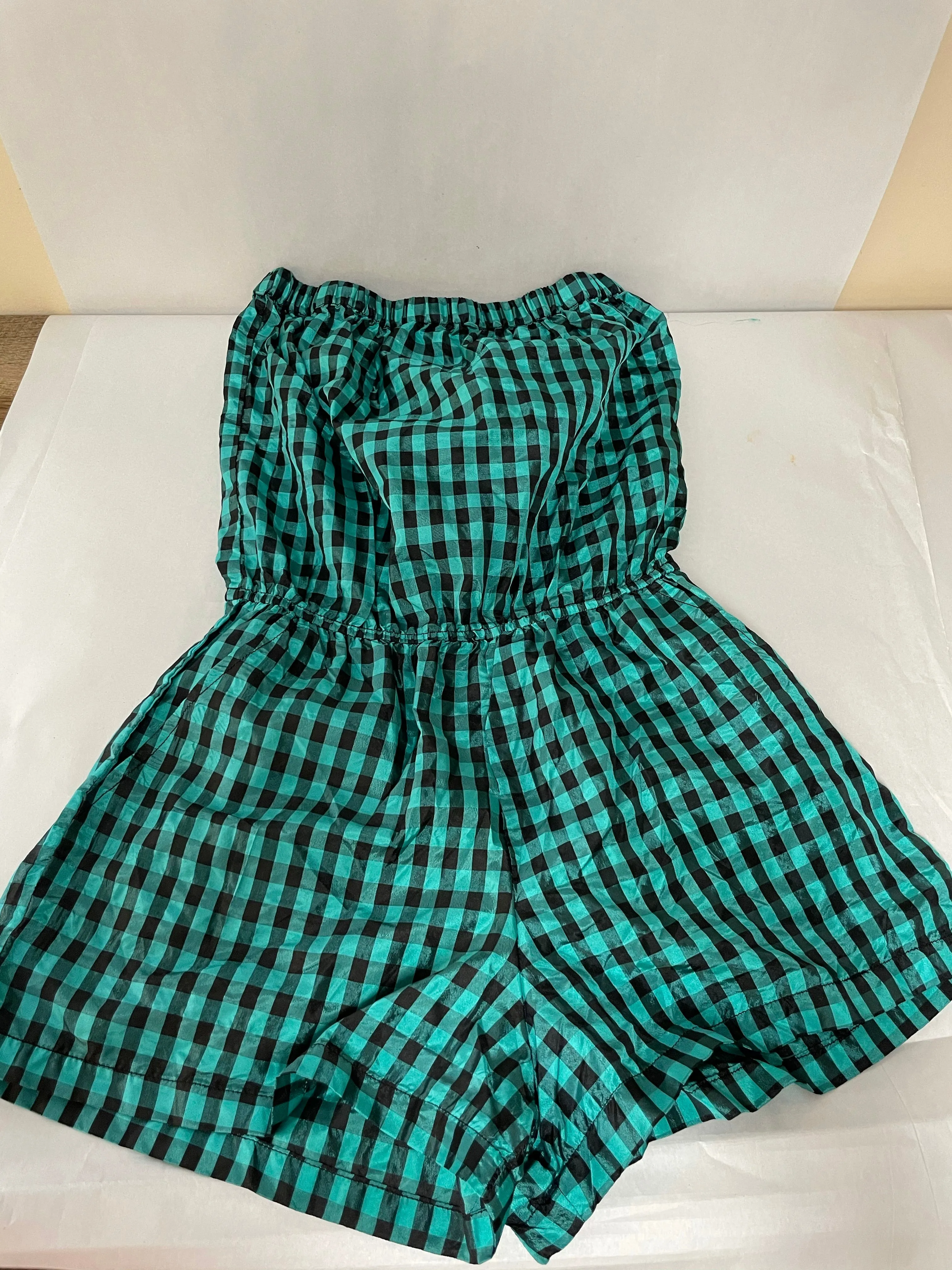 Womens Juniors Small ANGIE Black Green Plaid Strapless Romper One Piece