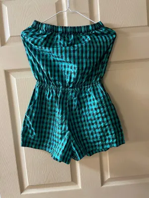 Womens Juniors Small ANGIE Black Green Plaid Strapless Romper One Piece