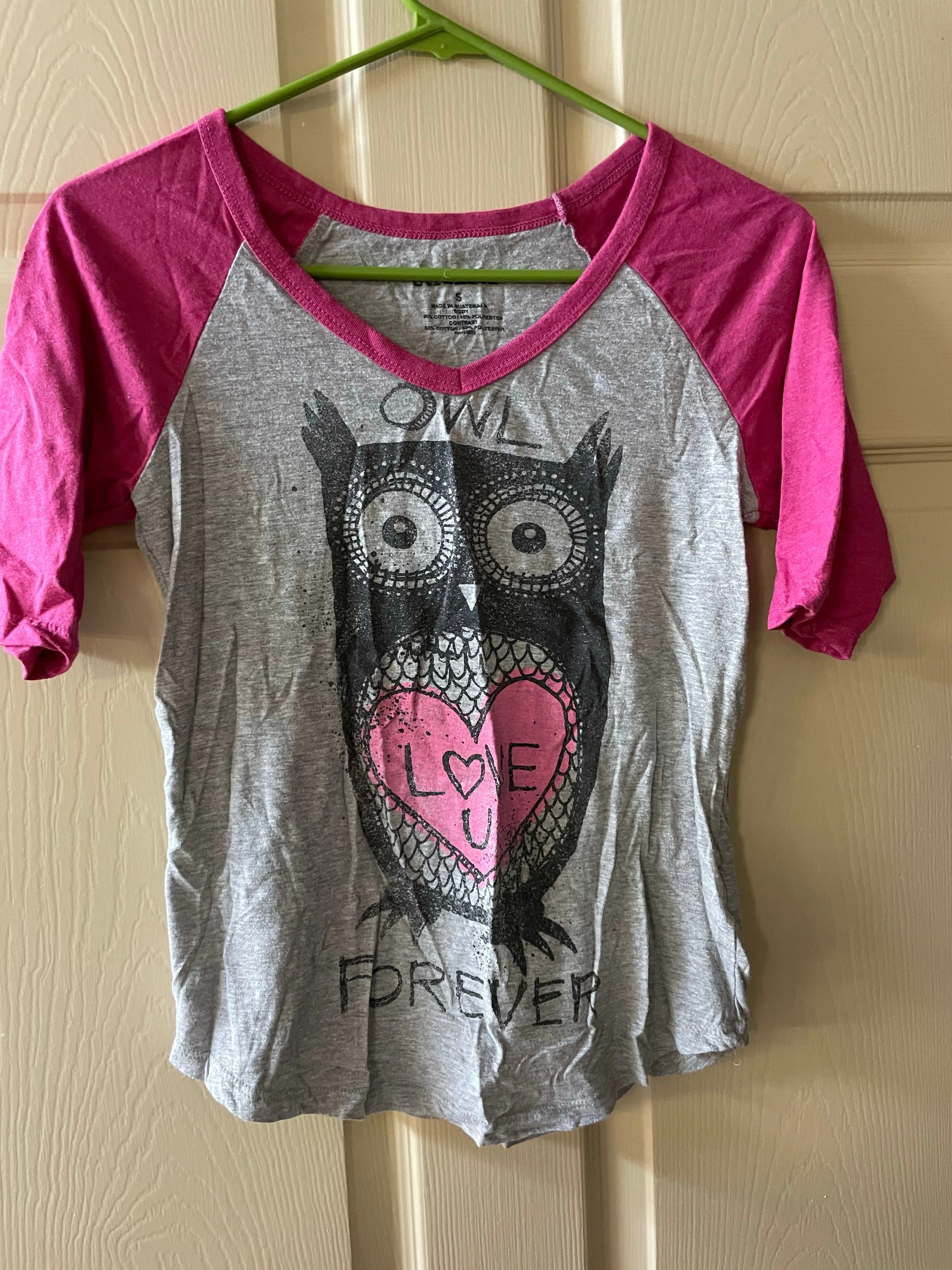 Womens Juniors STRANDED Owl Luv U Forever Pink Gray Sleeve Jersey TShirt Small Cotton