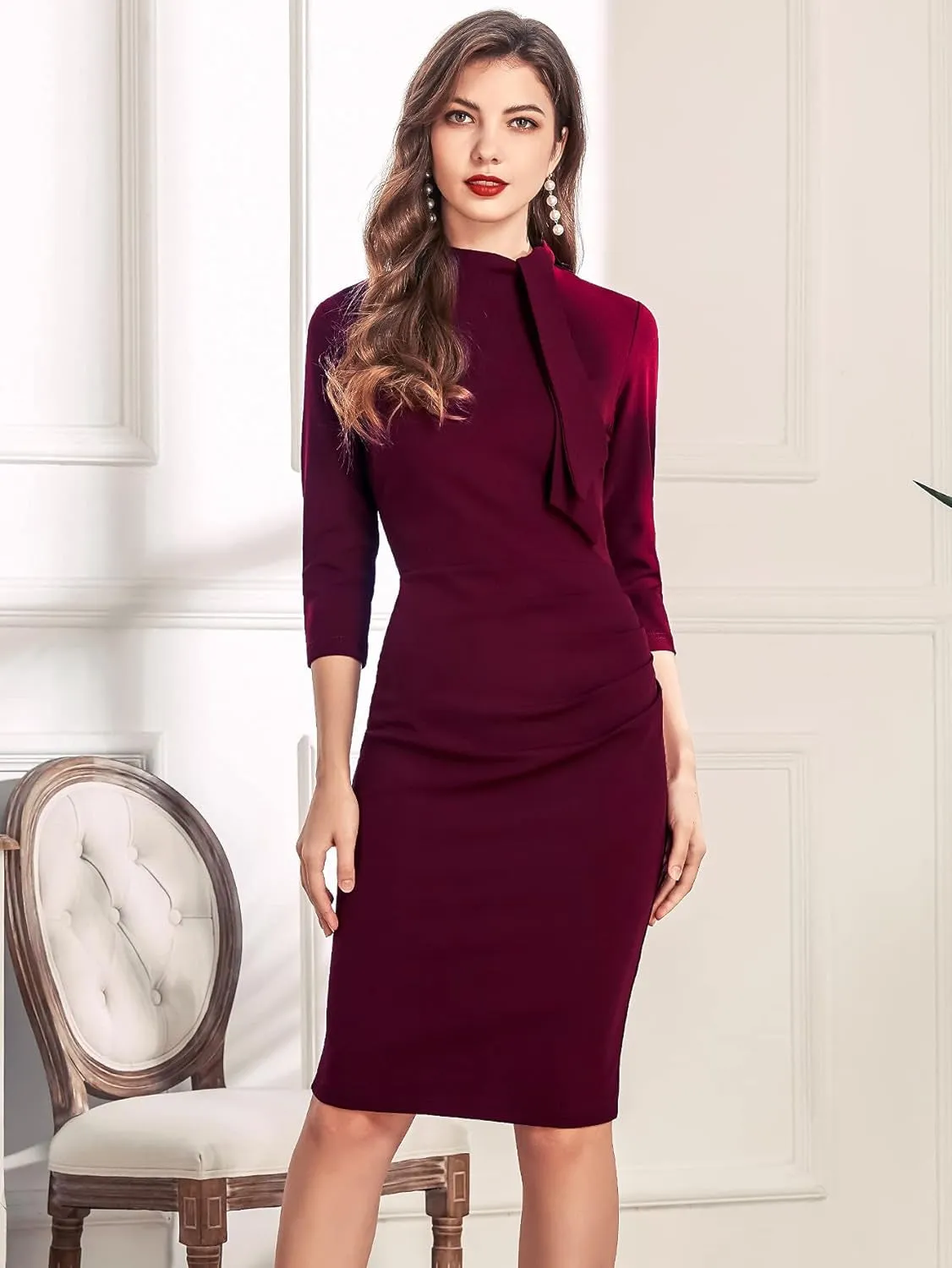 Women'S Retro Half Collar Ruffle Style Cocktail Pencil Dress